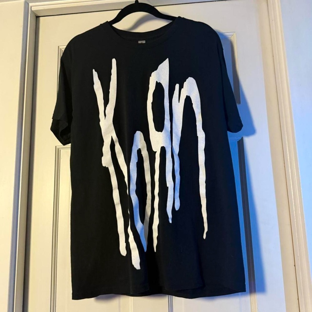 Korn Band Tee Nu Metal Drip Graphic Black Cotton T-Shirt Mens L Rock Concert Top